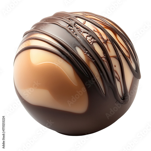 Round chocolate truffle with dark drizzle and smooth caramel color blocks