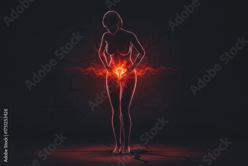 Female silhouette with illuminated uterus symbolizing reproductive health and energy.