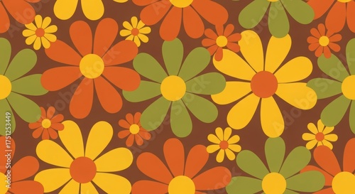 Wallpaper Mural Retro floral pattern with yellow, orange, green flowers evokes 70s design trends Torontodigital.ca