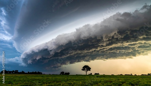 A dramatic supercell thunderstorm dominates a green landscape, with a lone tree and ominous, swirling clouds at sunset. The sky is split with light