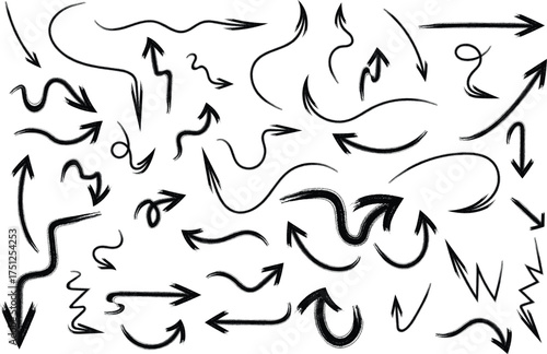 arrow doodles vector illustration, black curved arrows set, creative abstract navigation symbols collection