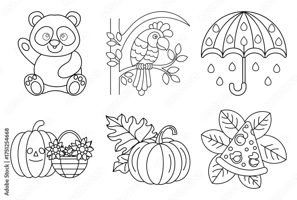Fototapeta premium Adorable Animals and Seasonal Objects Coloring pages Outlines Panda Parrot Umbrella Pumpkins Pizza Slice Autumn Elements Cute Characters Nature and Food Line Art Vector Art