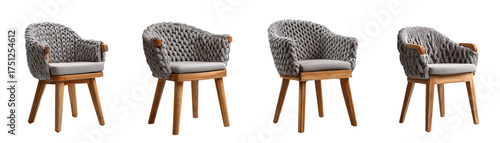 Intricately woven gray rattan dining chair with wooden legs and backrests isolated on transparent background PNG file