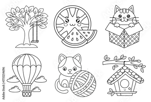 Playful Nature and Animal Themed Coloring Page Set Featuring a Tree with a Swing, Watermelon, Cat in a Box, Hot Air Balloon, and Birdhouse