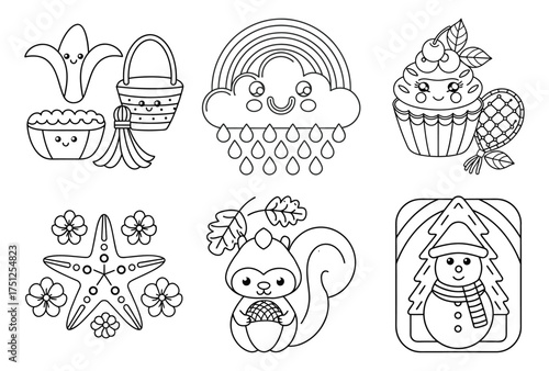Set of six charming line art coloring pages for children featuring various objects and weather elements banana fruit basket cloud rainbow cupcake starfish squirrel acorn snowman winter scene