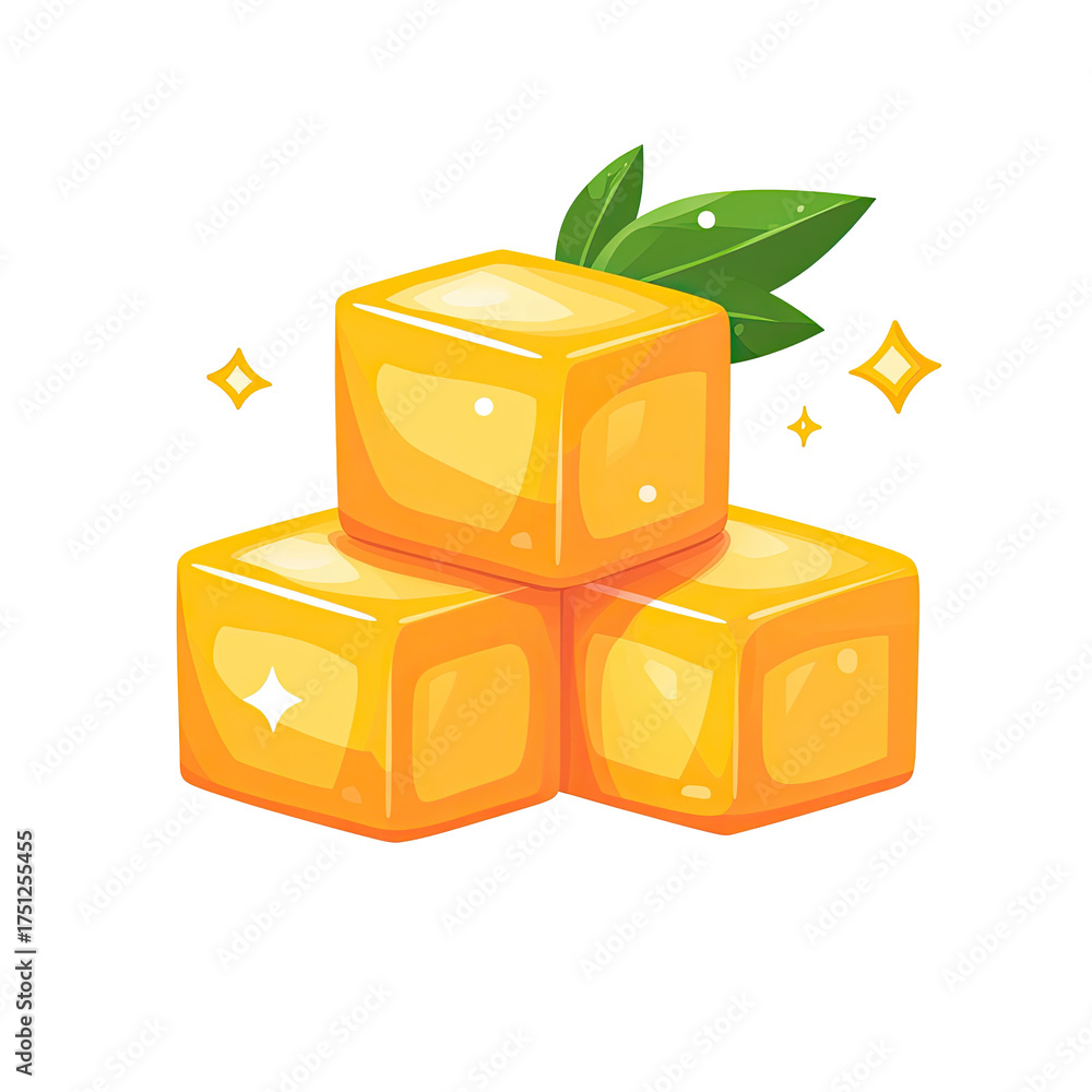 Fototapeta premium Three vibrant, stacked yellow fruit cubes with leaf accents, shiny edges