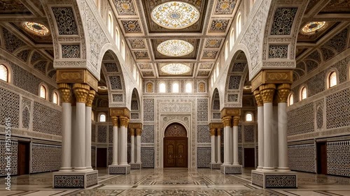 Grand Ornate Hall with White and Gold Arabesque Patterns Intricate Details Tall Columns and Arched Ceilings Illuminated by Natural Light