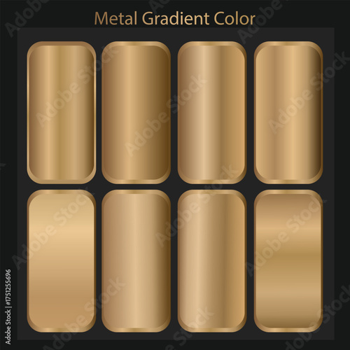 Collection of eight realistic metallic gold gradient swatches with a dark background