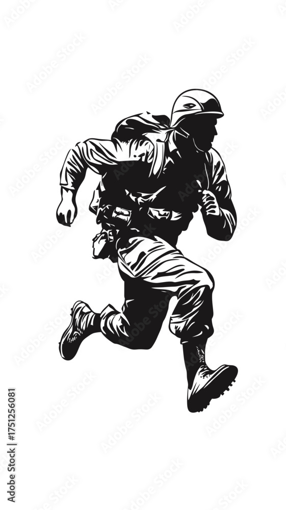 Obraz premium Silhouette of running soldier in combat gear helmet and boots dynamic military action black and white vector illustration minimalist style