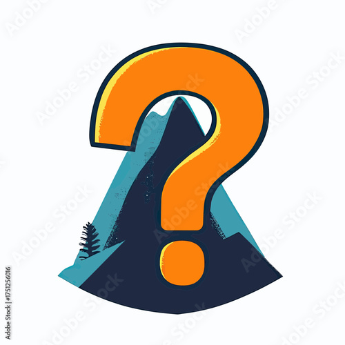 Abstract mountain landscape with large orange question mark symbolizing mystery, uncertainty, exploration, and nature curiosity in minimalist vector style