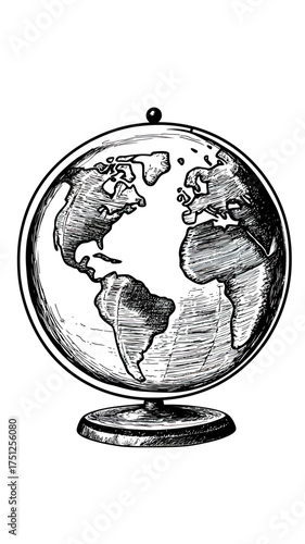 Black and white hand drawn vintage globe with detailed continents and textured shading on wooden stand minimalist vector illustration