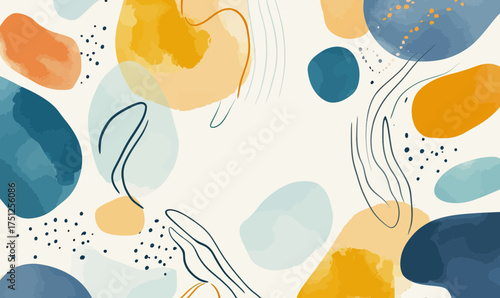 Abstract watercolor shapes vector illustration with organic blue and orange blobs and hand-drawn lines in minimalist modern design background for creative projects