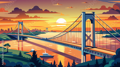
Very beautiful aerial sunset view of Throgs Neck Bridge spanning across the calm Bronx waters with golden sky reflections.