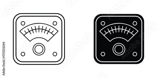 Line Art Illustration of Retro Voltmeter with Measurement Indicator. Vector on White Background
