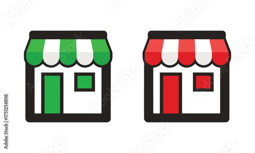 Two Storefront Icons with Green and Red Awnings and Doors On Transparent Background