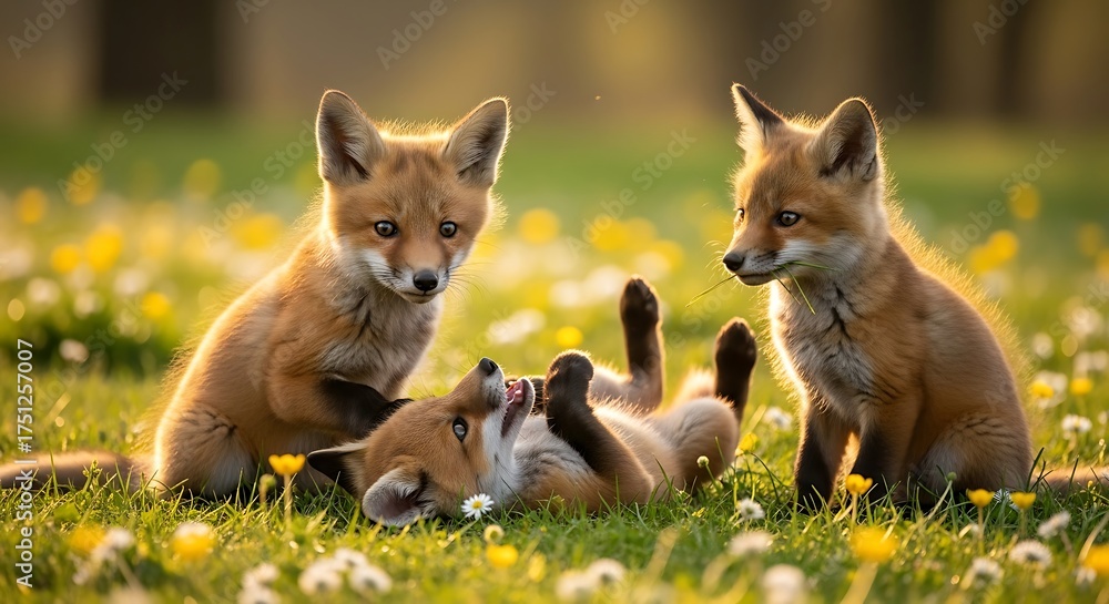 Fototapeta premium Fox Kits Play in a Meadow of Wildflowers.