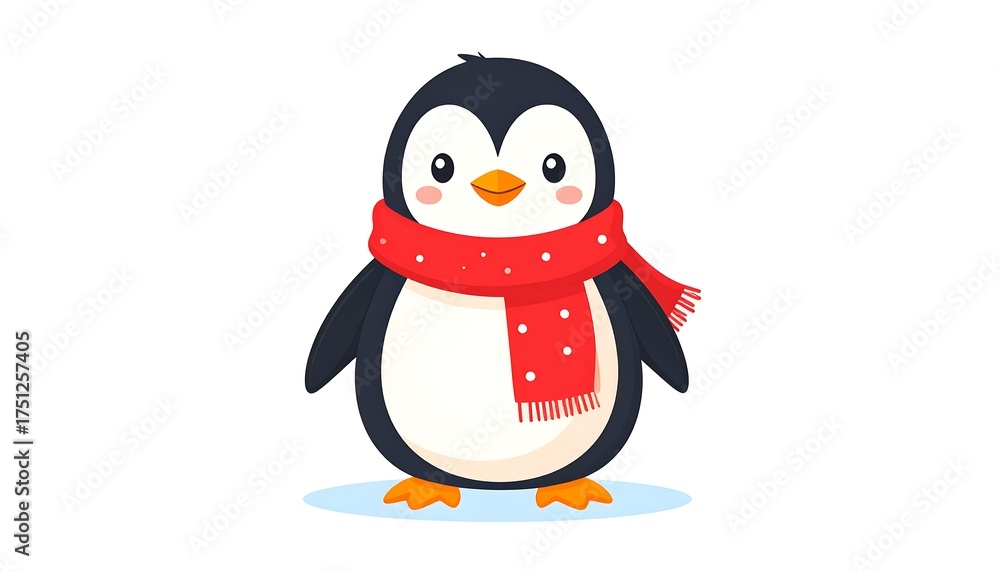 Fototapeta premium A cute cartoon penguin with black and white feathers wearing a red scarf with white polka dots