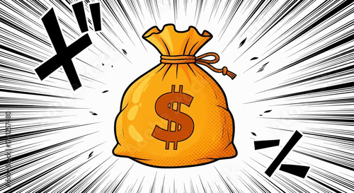 A wealthy pop art cartoon money bag dollar symbol for business success, financial growth, investment, and rich finance