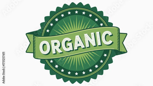 Green organic seal of approval badge with sunburst design