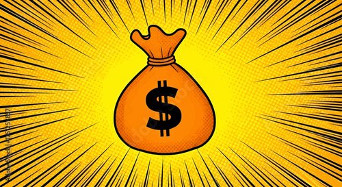 Pop art money bag with a dollar symbol for wealthy business success, a cartoon reward for financial growth and savings
