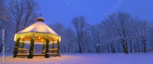 Wallpaper Mural Enchanting winter landscape featuring a gazebo adorned with festive lights in a snowy park Torontodigital.ca