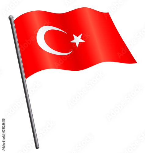 accurate correct turkish flag of turkey flying waving flowing on flagpole vector isolated on transparent background