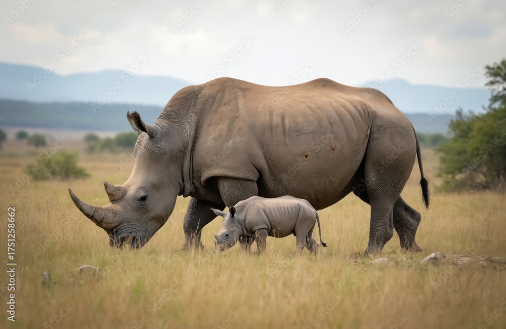 Obraz premium Mother rhino walks with baby on grassland. Ceratotherium simum graze together in nature reserve. Animals feed on savannah. Wild rhino with calf goes on African safari tour.