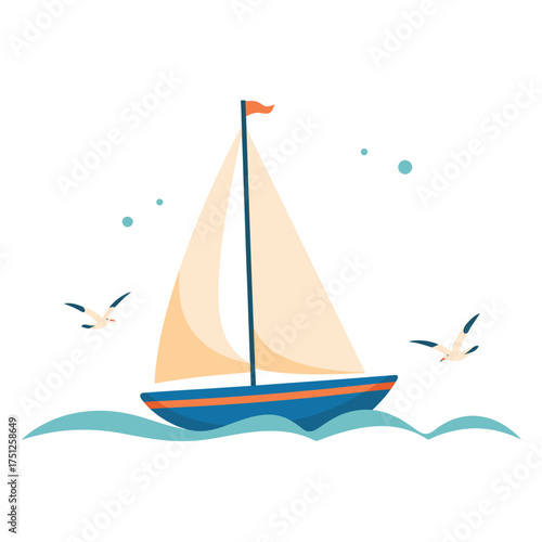 Sailboat sailing on the ocean with seagulls flying around