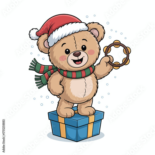 Cute teddy bear wearing a santa hat and scarf holding a tambourine on a gift box