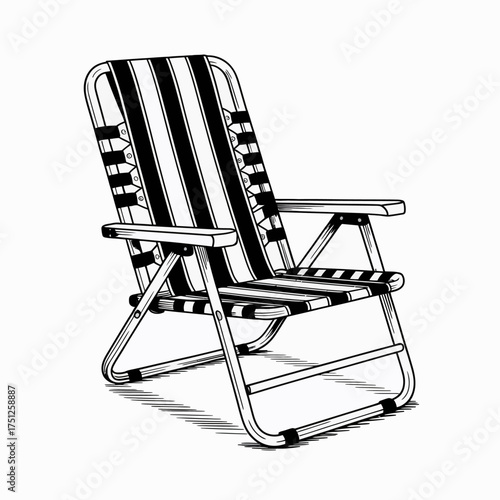 Striped beach chair vector illustration for summer vacation and seaside relaxation featuring classic folding design and minimalist linework style