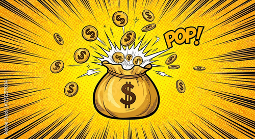 Pop art money explosion of gold coins with a dollar symbol, a business concept for financial success and wealth