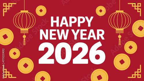 Festive Chinese New Year 2026 Celebration with Lanterns and Golden Coins for a Prosperous Holiday Season Design Template