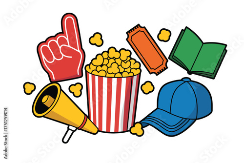 Flat cartoon style illustration showing popcorn tickets foam finger book and megaphone vector silhouette