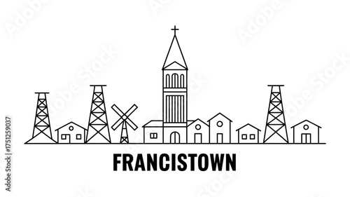 Francistown Cityscape Outline with Church Windmill and Oil Rigs Black and White Minimalist Illustration Vector Image For Design Projects