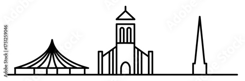Minimalist City Skyline Illustration with Architectural Landmarks against a Clean White Background for Graphic Design