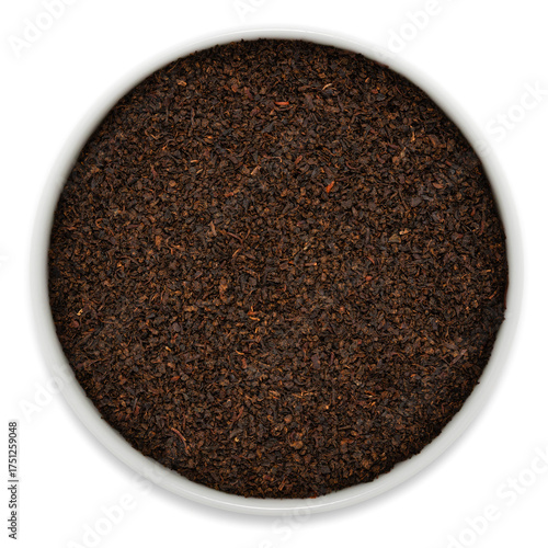 Black Ceylon single estate tea (BOP grade) from the Dimbula region, Sri Lanka, loose dried leaves displayed in a white bowl, viewed from above