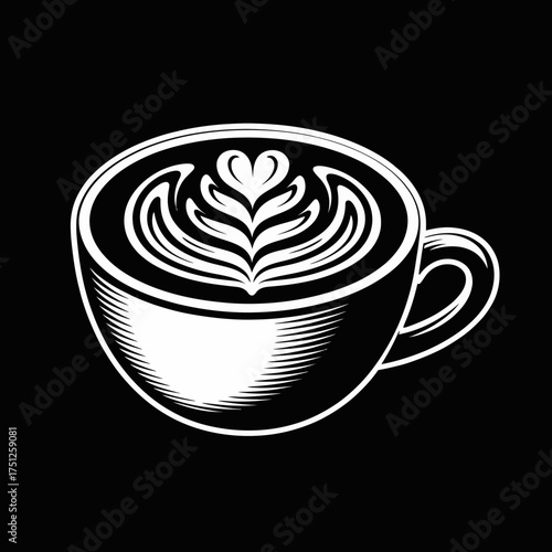 Elegant White Coffee Cup Silhouette on Black Background Latte Art Design Minimalist Style Great for Coffee Shop Branding