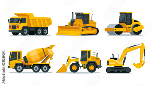 Set of construction vehicles including dump truck bulldozer road roller cement mixer and excavator machinery in yellow color on white background