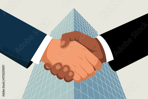 Diverse Business Handshake Illustration with Skyscraper Background symbolizing Partnership and Success in Corporate Ventures
