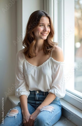 Free Download Young woman sits by window looking sideways with gentle smile. She wears a white off-shoulder blouse and ripped jeans, her hair softly styled. Natural light illuminates her face. - GFXLoad