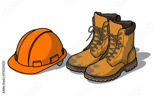 Construction Worker Safety Gear Hard Hat and Work Boots Illustration for Building and Industrial Projects Vector Art