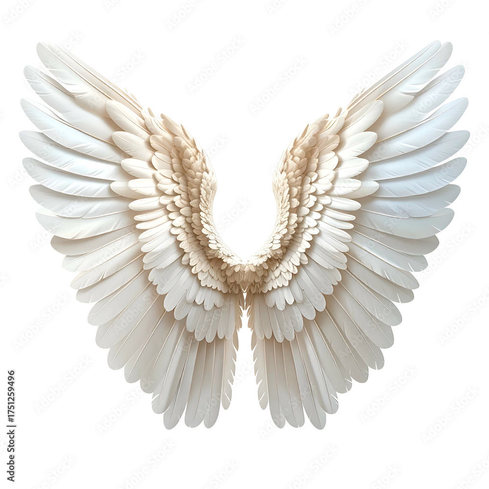Fototapeta premium Detailed image of pristine white angel wings, showcasing a symmetrical, feathered design on black
