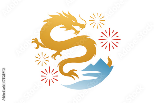 Golden chinese dragon with fireworks and mountain symbol celebrating asian new year isolated on transparent background