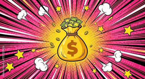 Wealthy money pop art illustration of a gold dollar coin explosion for business success financial growth concept
