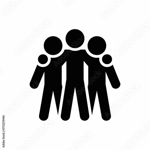 Teamwork and Friendship Symbol Three People Embracing Together Pictogram Black Silhouette on White Background Collaboration and Unity Conceptual Image