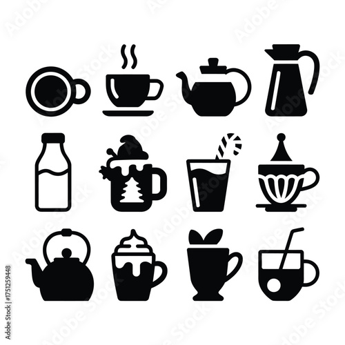 Clean minimalist vector icon set of 12 festive drinks and teaware for commercial use silhouette