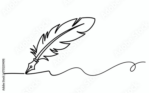 Elegant Feather Quill Pen Writing a Swirling Line on White Background Symbolizing Creativity and Inspiration