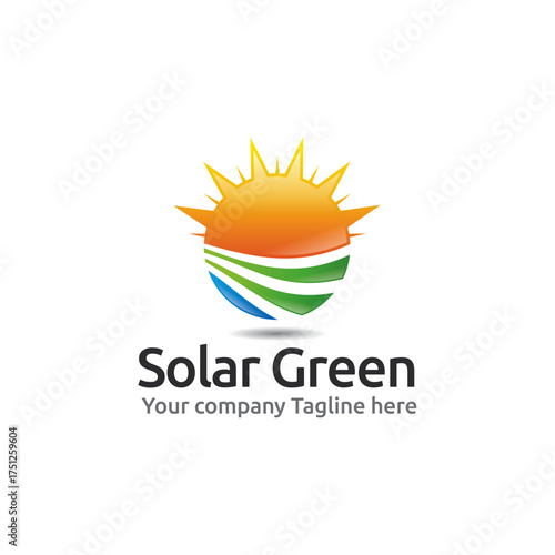 Solar Green Energy Logo Design with Sun and Leaf Symbol Representing Renewable Power, Sustainability, and Eco-Friendly Innovation