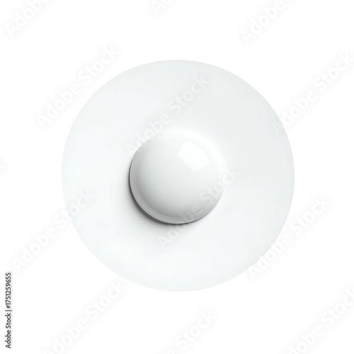 Overhead studio shot of a white dish with a perfectly spherical, glossy white dome at center