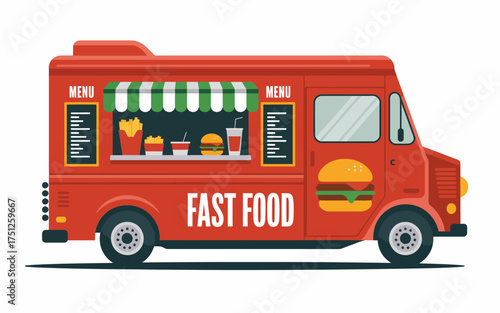 Red Fast Food Truck Illustration Serving Delicious Burgers and Fries On the Go Food Service Business